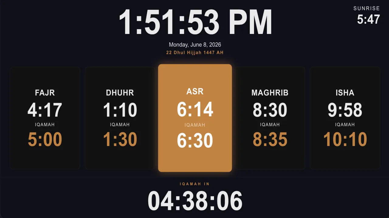 Dark TV layout with a large clock, Hijri date, adhan and iqamah cards for every prayer, and a countdown to the next iqamah