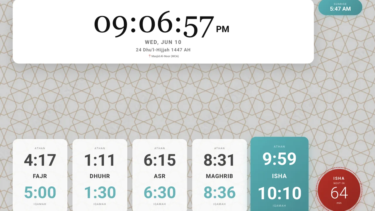 TV dashboard showing the current time and today's adhan and iqamah times for every prayer