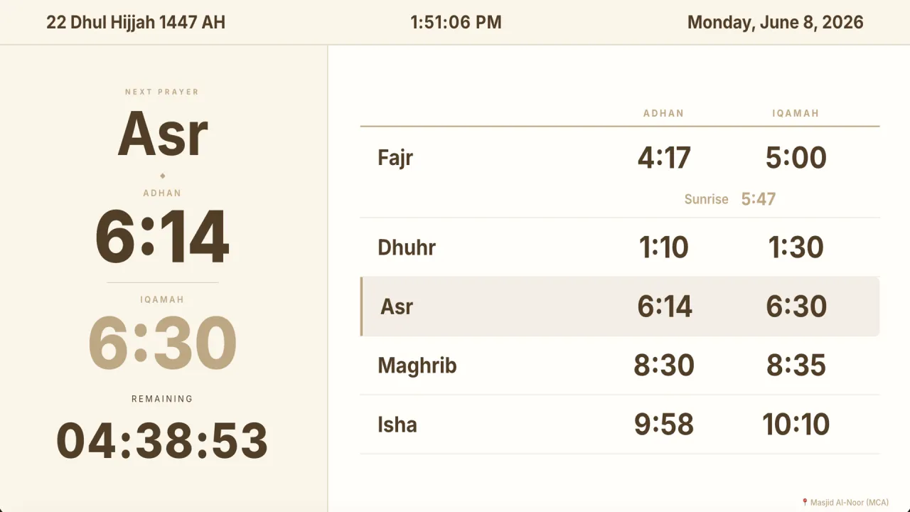 Light TV layout with the next prayer and its countdown beside a full adhan and iqamah table, including sunrise