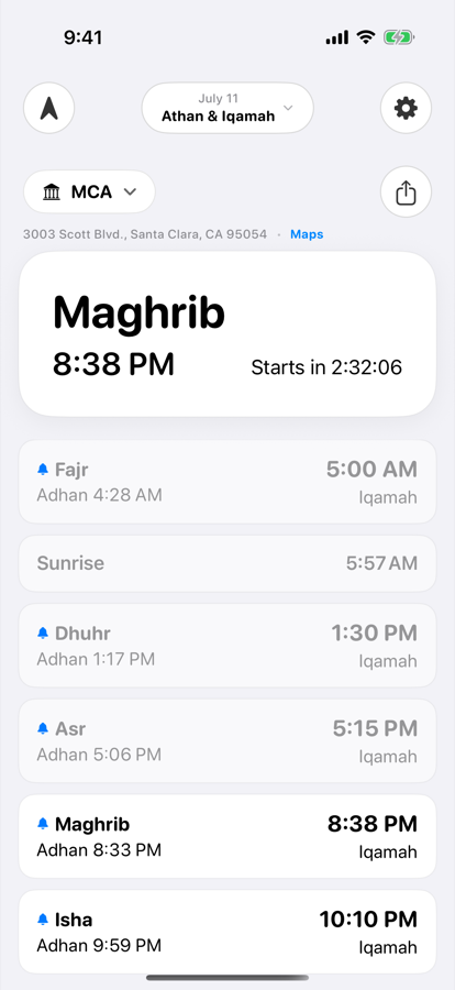 Home screen with today's prayer times