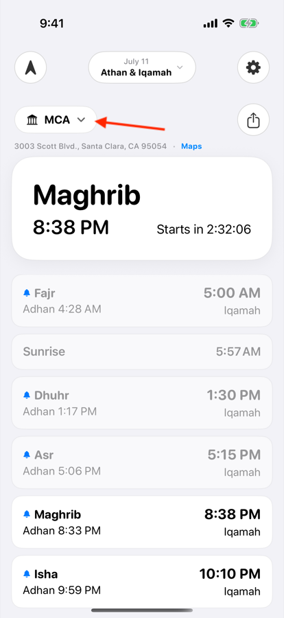 Home screen with today's prayer times
