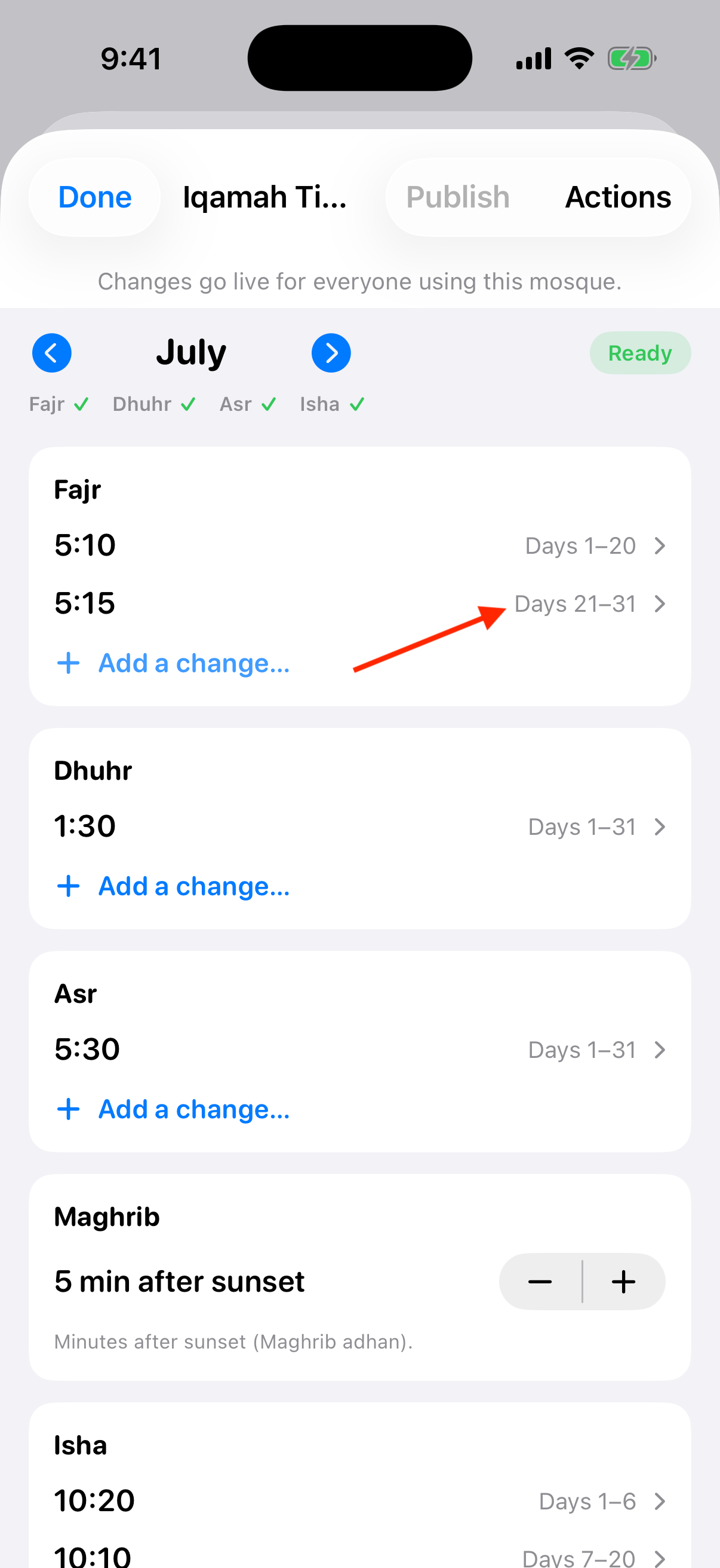 Tapping a time range in the iqamah editor