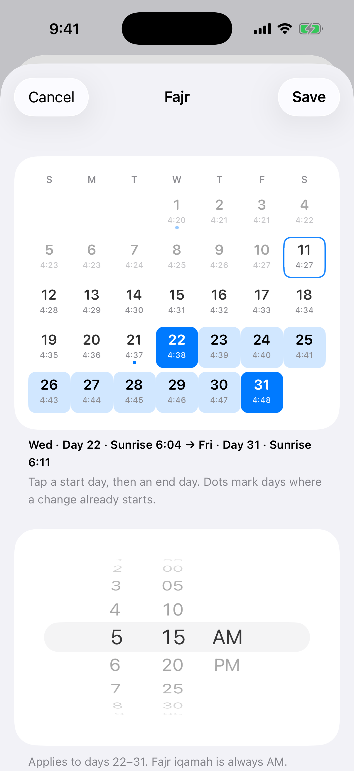 Day range calendar and time wheel