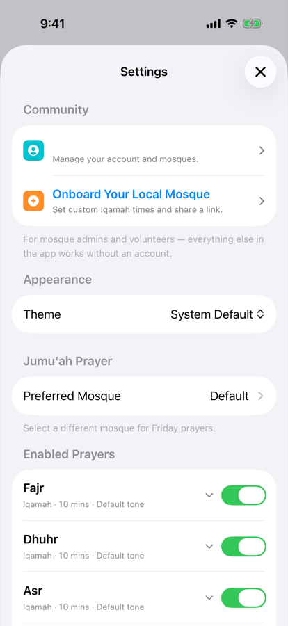 Settings screen