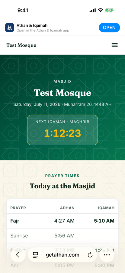 Live mosque website with prayer times