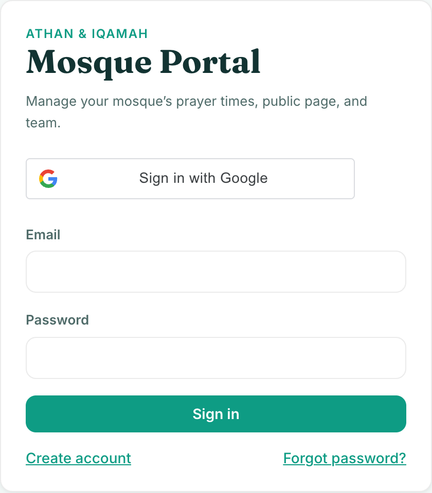 Mosque Portal sign-in screen