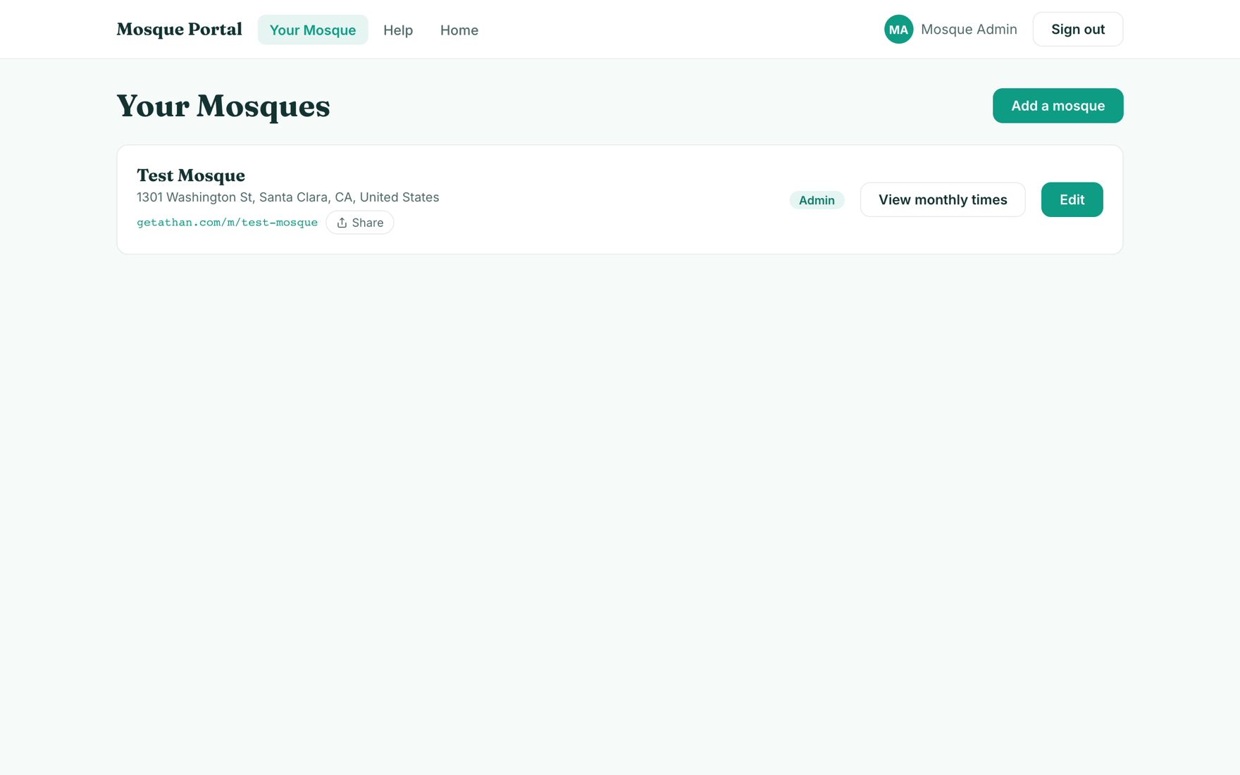 Your Mosques dashboard