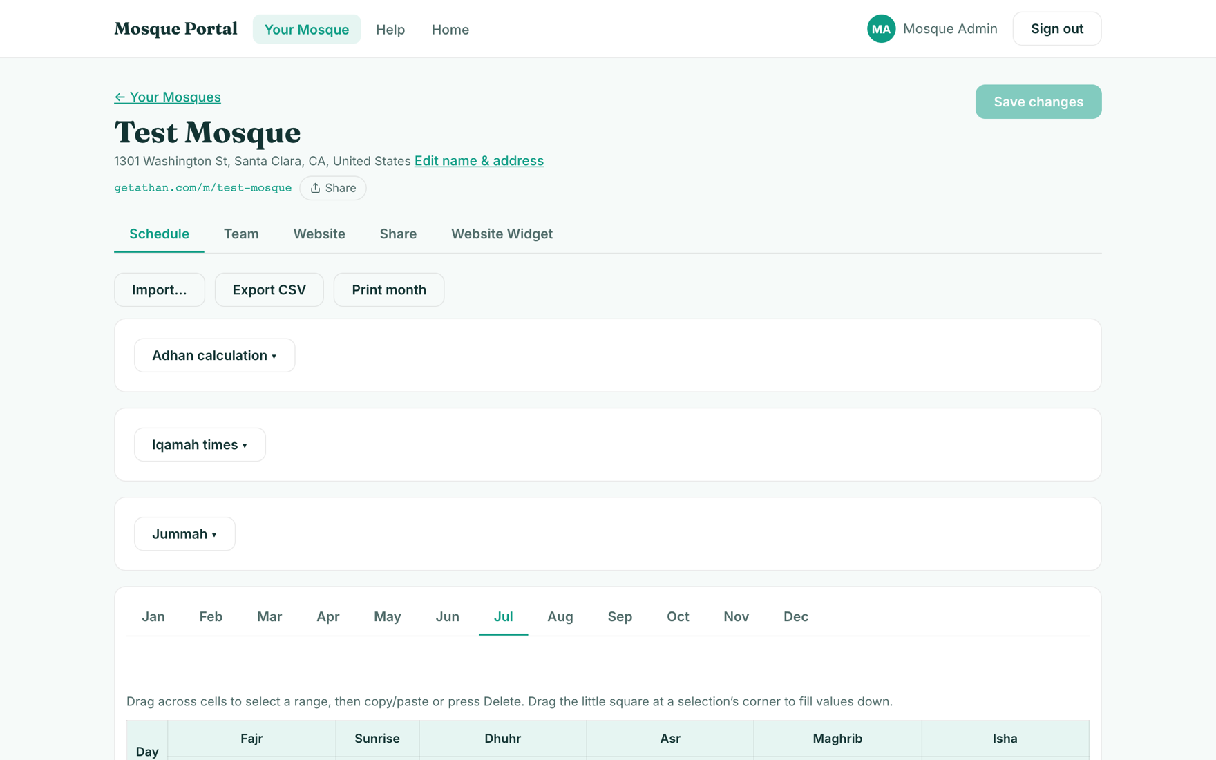 Schedule tab with calculation, iqamah, and Jummah panels