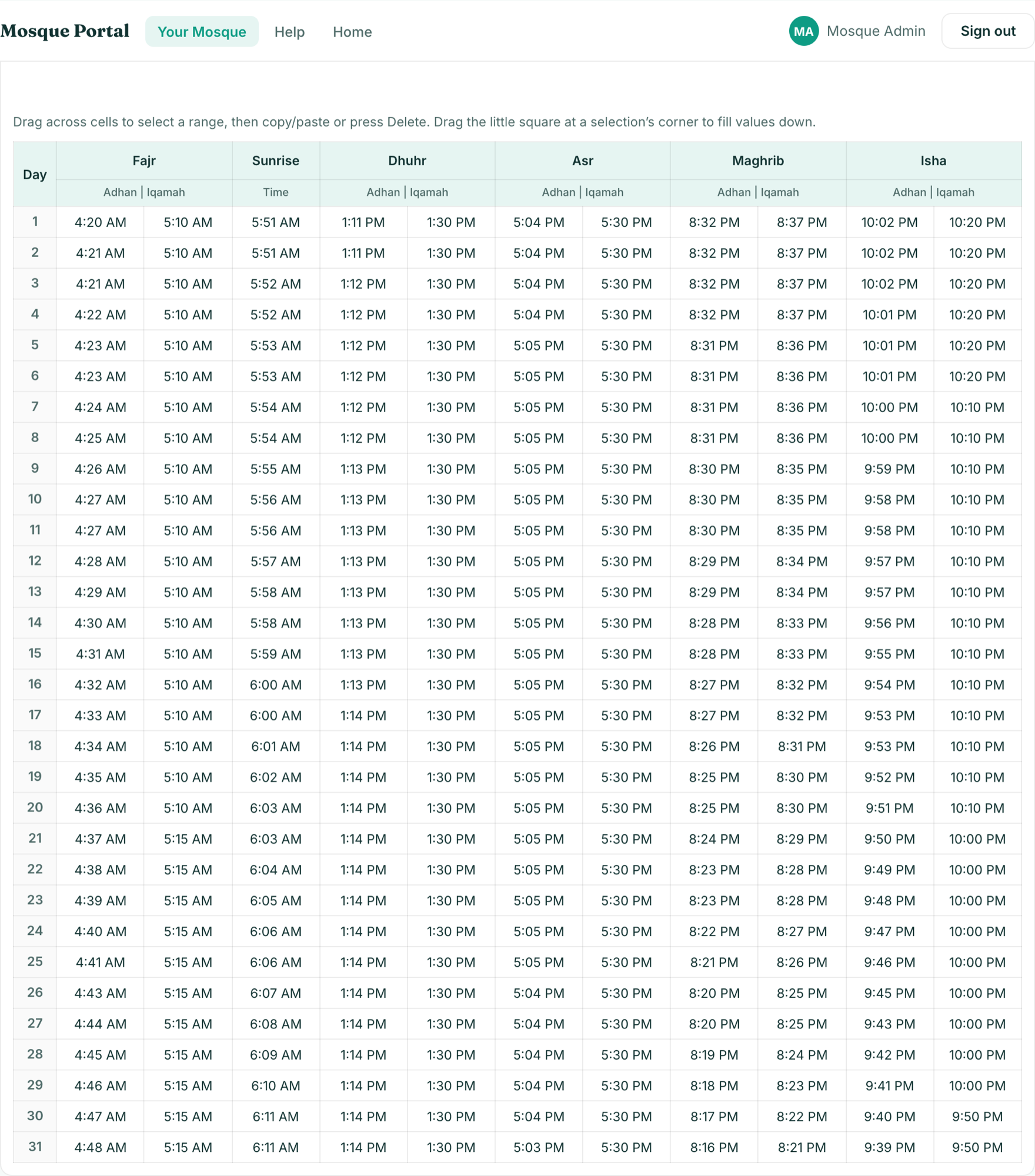Monthly schedule grid with adhan and iqamah columns