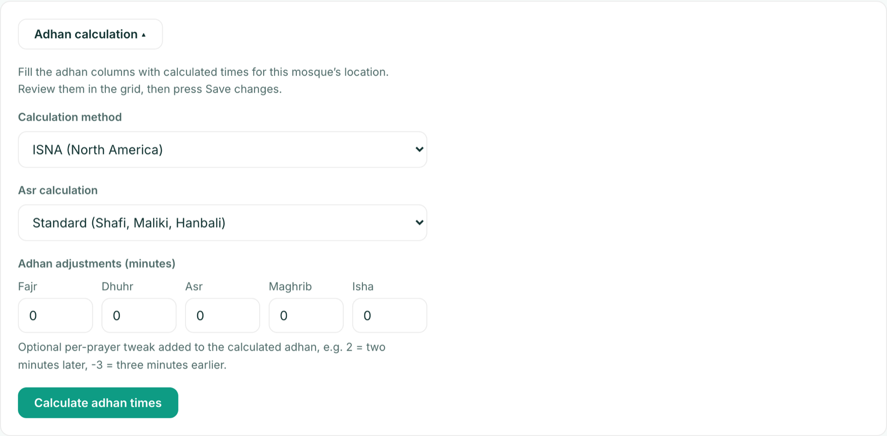 Adhan calculation panel