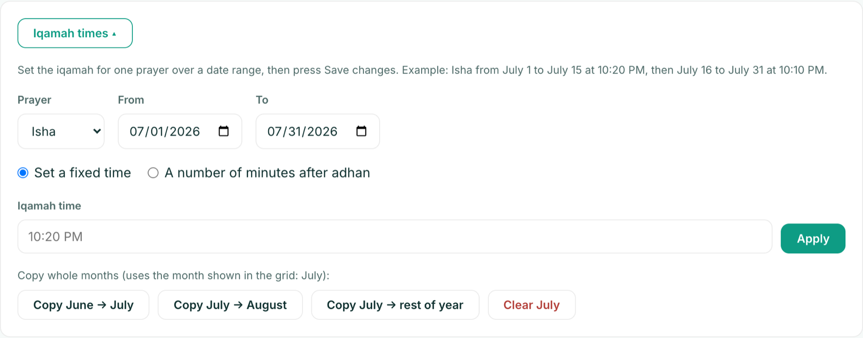 Iqamah times bulk tool