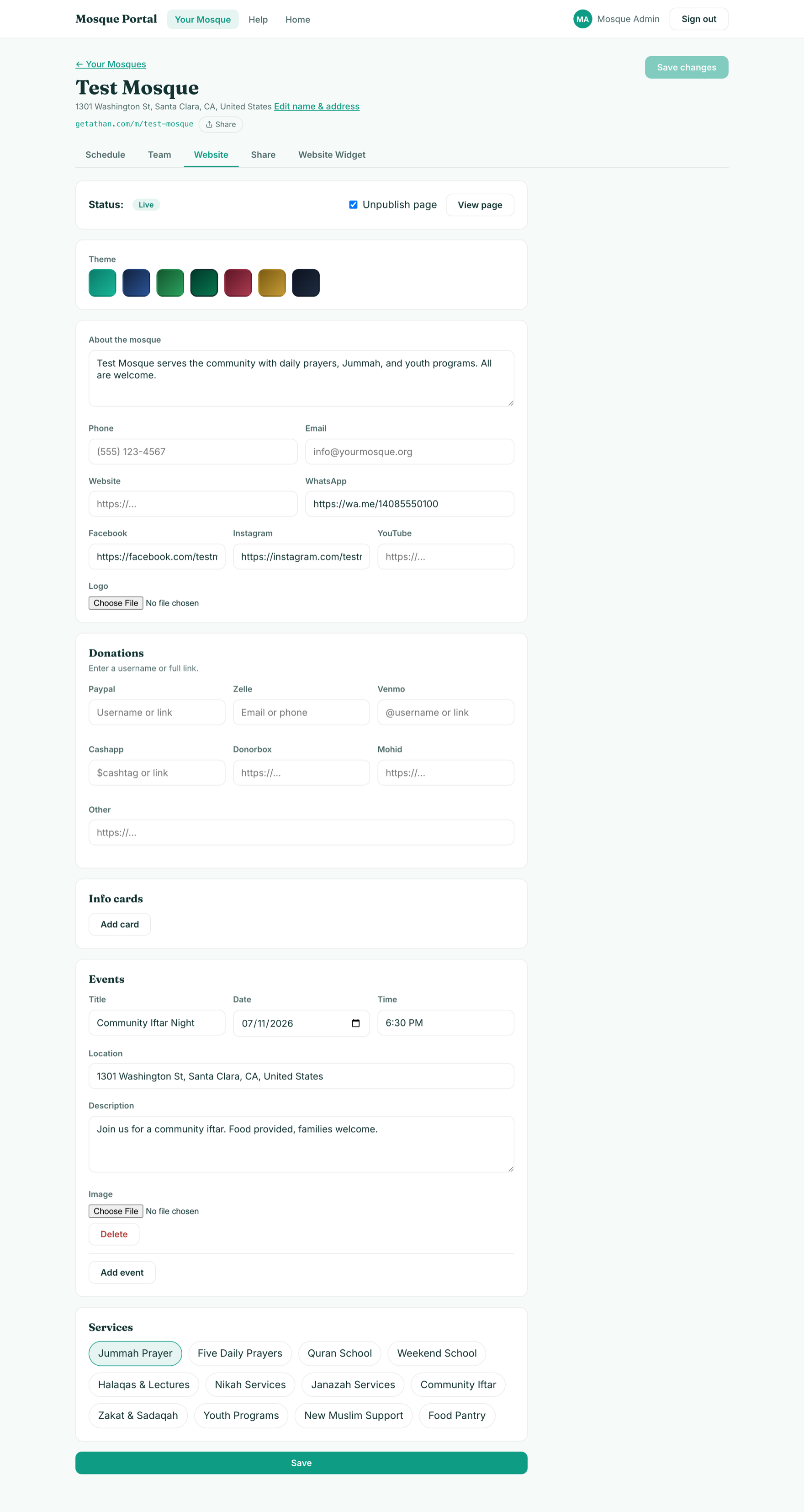 Website page editor with theme, about, donations, events, and services