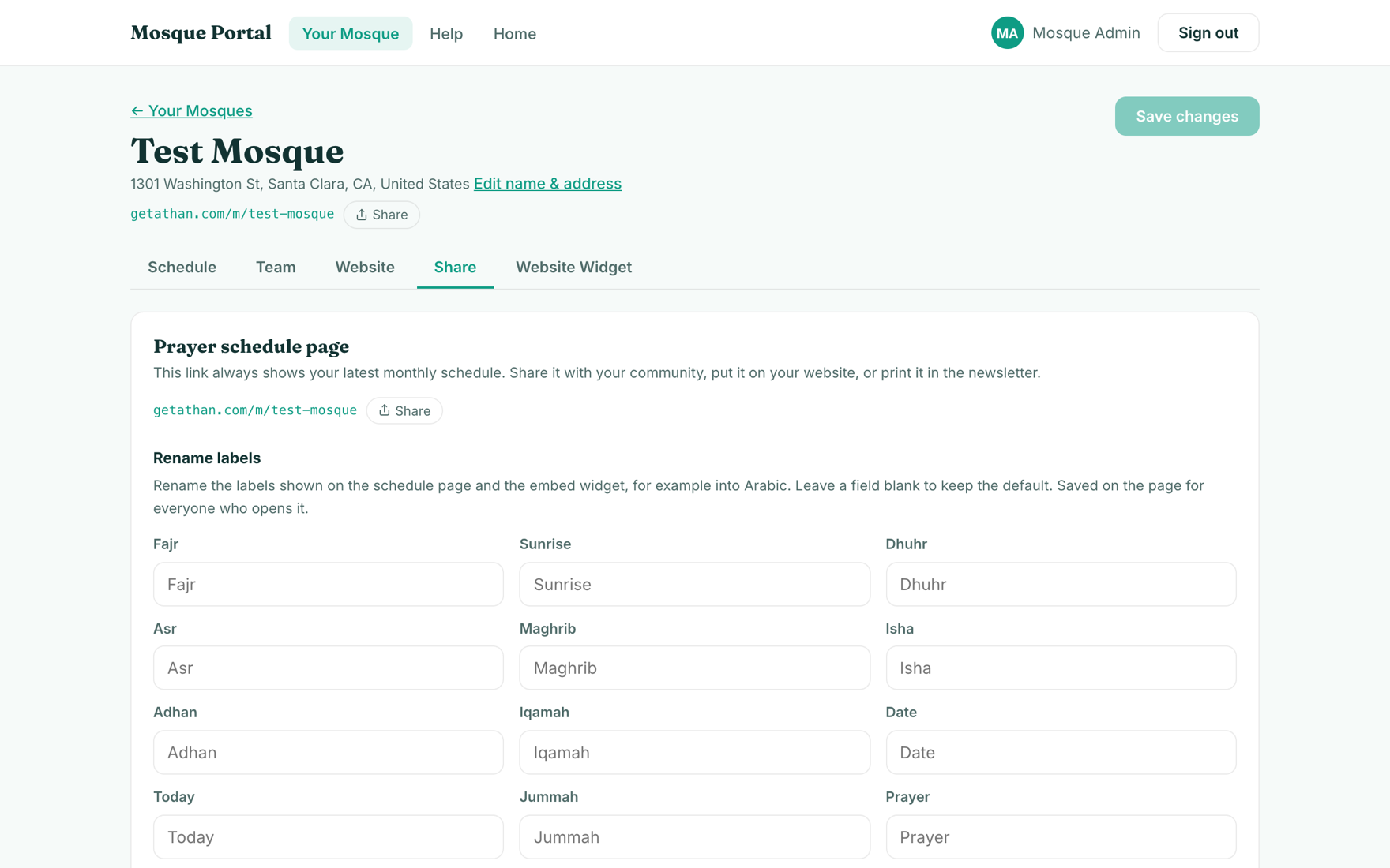 Share tab with schedule link and label renaming