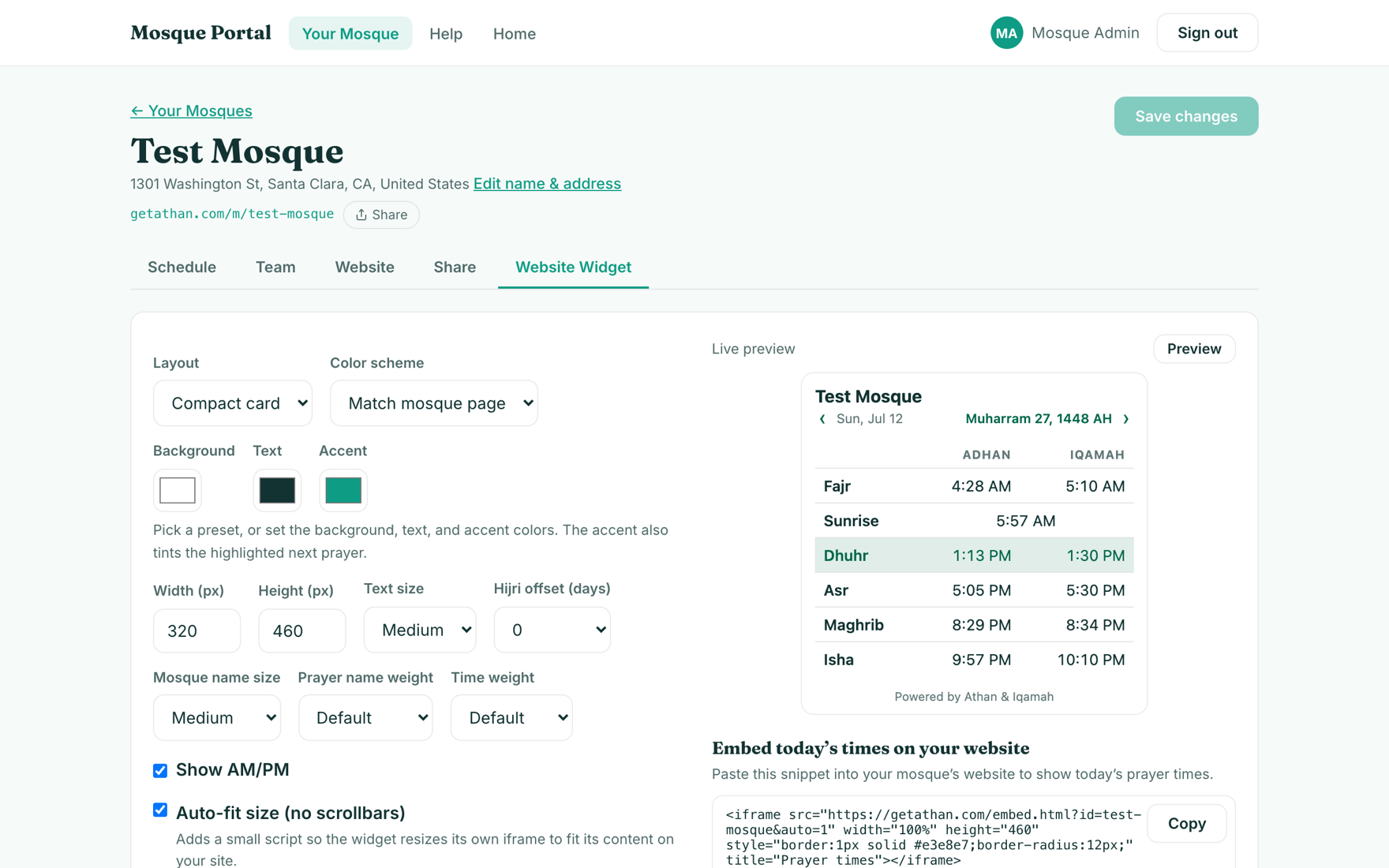 Website widget builder with live preview and embed snippet
